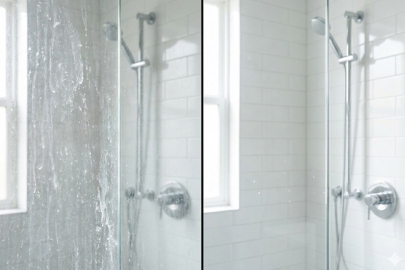 An image depicting shower glass with water stains versus without | Article Image