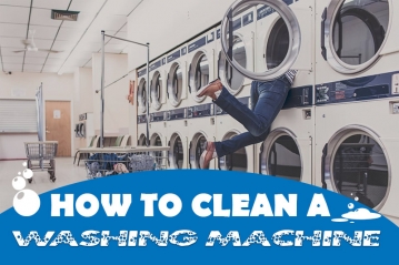 Image shows someone climbing into a washing machine and is part of the How to clean a washing machine by heatandplumb.com 