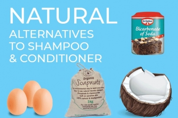 An image showing coconut oil, eggs, soap nuts and bicarbonate of soda for the  article by heatandplumb.com titled natural alternatives to shampoo and conditioner 