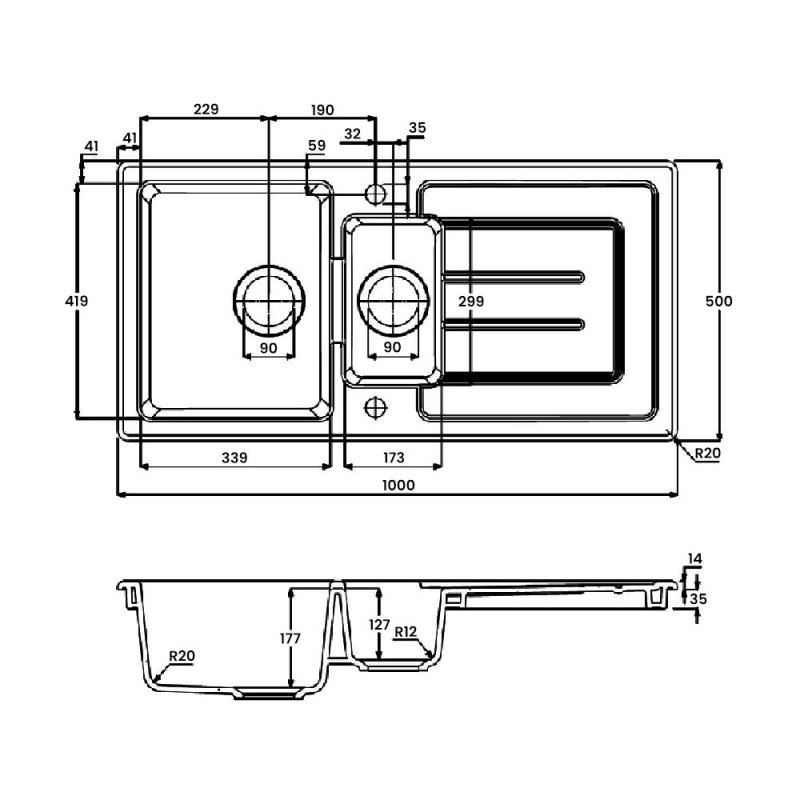 Abode Acton 1.5 Bowl Ceramic Kitchen Sink With Reversible Drainer 1000mm L x 500mm W - White