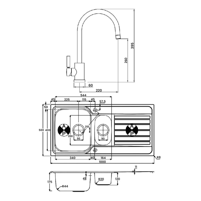 Abode Connekt 1.5 Bowl Inset Kitchen Sink with Atlas Sink Tap 1000mm L x 500mm W - Stainless Steel  | Dimension Image