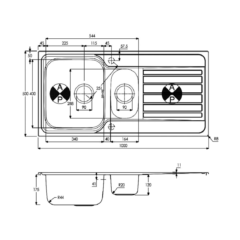 Abode Connekt 1.5 Bowl Inset Kitchen Sink 1000mm L x 500mm W - Stainless Steel