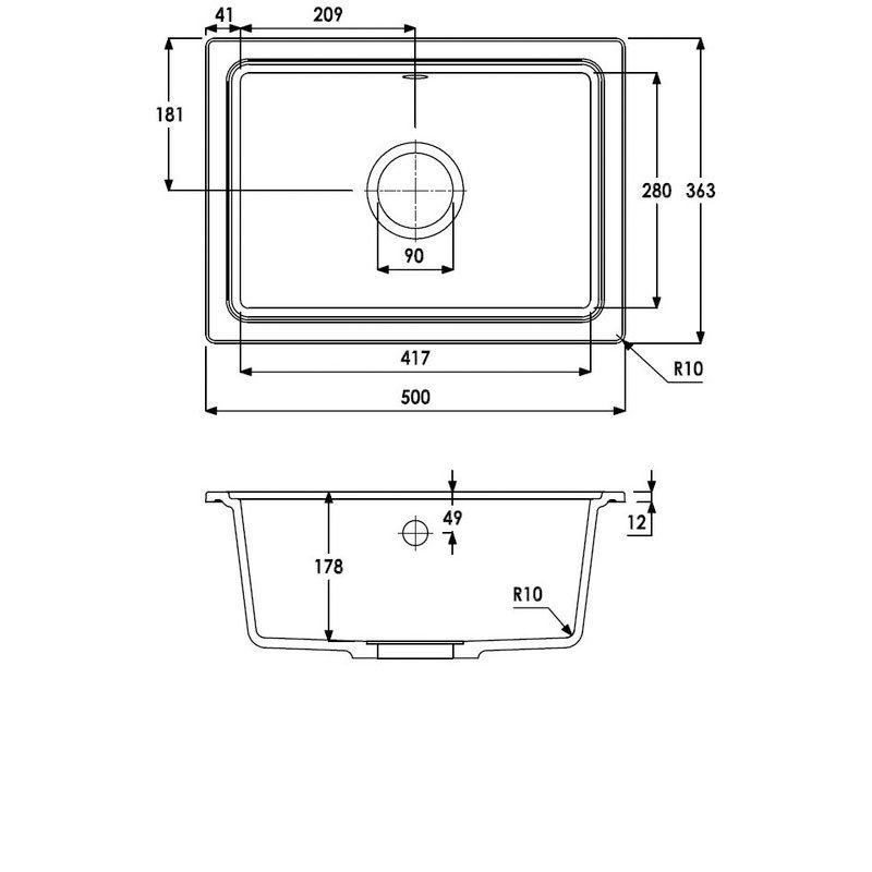 Abode Denton Compact 1.0 Bowl Granite Undermount Kitchen Sink 500mm L x 363mm W - Grey Metallic
