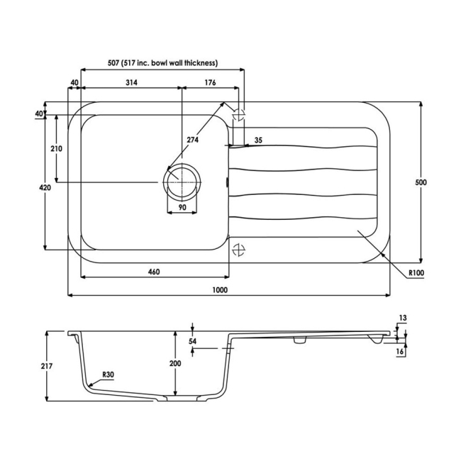 Abode Dune 1.0 Bowl Granite Kitchen Sink With Reversible Drainer 1000mm L x 500mm W - Black  | Dimension Image