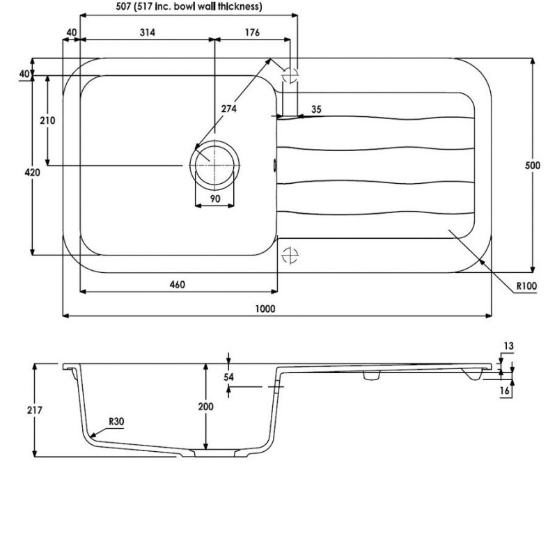 Abode Dune 1.0 Bowl Granite Kitchen Sink With Reversible Drainer 1000mm L x 500mm W - Black
