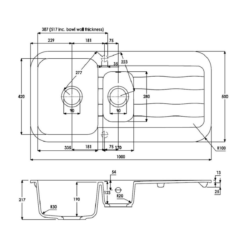 Abode Dune 1.5 Bowl Granite Kitchen Sink With Reversible Drainer 1000mm L x 500mm W - Black