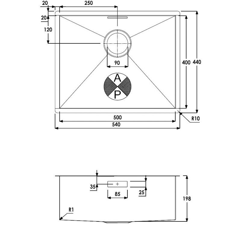 Abode Matrix R0 1.0 Bowl Undermount Kitchen Sink 540mm L x 440mm W - Stainless Steel
