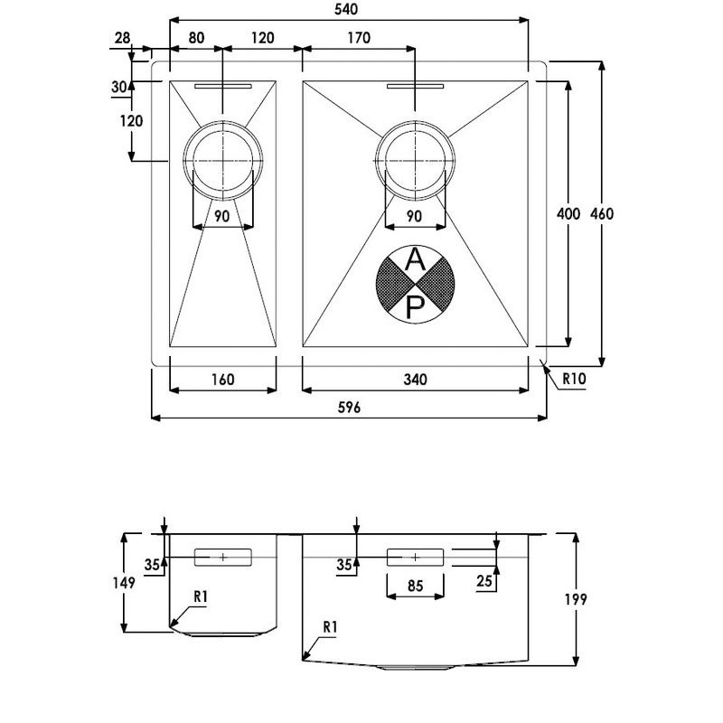 Abode Matrix R0 1.5 Right Handed Bowl Undermount Kitchen Sink 596mm L x 460mm W - Stainless Steel