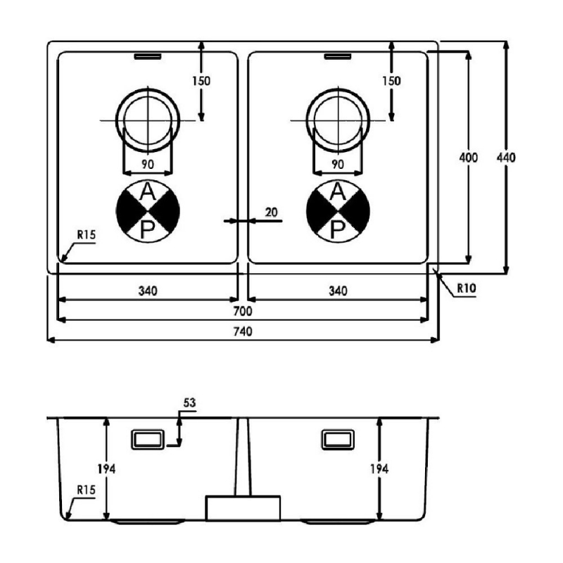 Abode Matrix R15 2.0 Bowl Undermount Kitchen Sink 740mm L x 440mm W - Stainless Steel