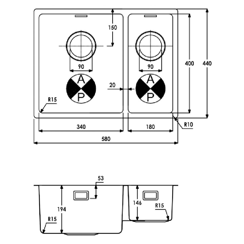 Abode Matrix R15 1.5 Left Handed Bowl Undermount Kitchen Sink 580mm L x 440mm W - Stainless Steel