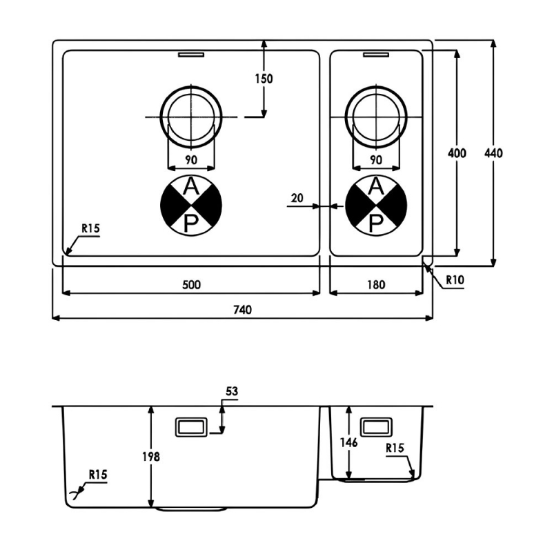 Abode Matrix R15 1.5 Left Handed Bowl Undermount Kitchen Sink 740mm L x 440mm W - Stainless Steel