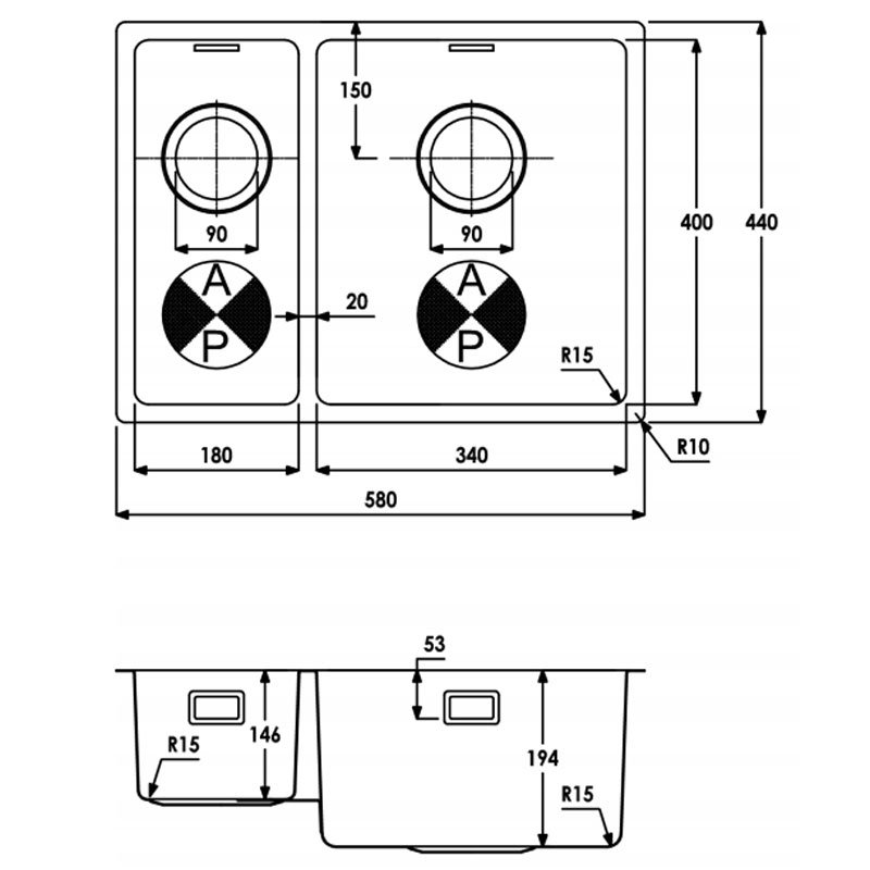 Abode Matrix R15 1.5 Right Handed Bowl Undermount Kitchen Sink 580mm L x 440mm W - Stainless Steel