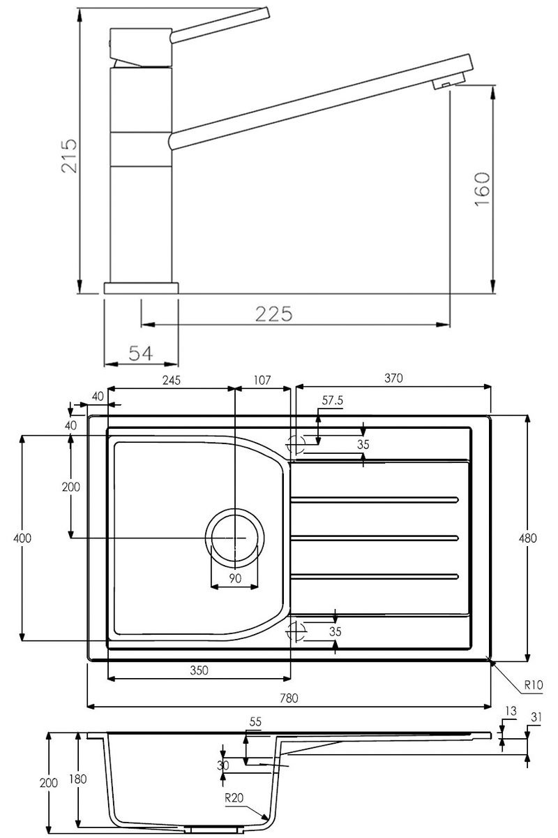 Abode Oriel 1.0 Bowl Granite Inset Kitchen Sink with Specto Sink Tap 780mm L x 480mm W - Black