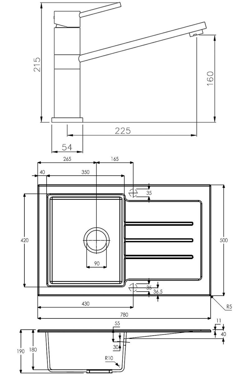 Abode Xcite 1.0 Bowl Granite Kitchen Sink with Specto Sink Tap 780mm L x 500mm W - Black Metallic