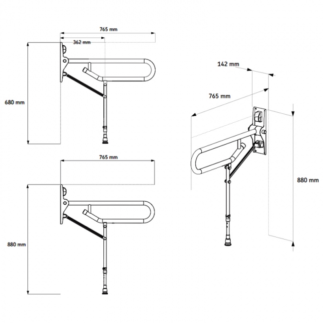 AKW 1800 Series Folding Grab Rail 765mm Length - Stainless Steel