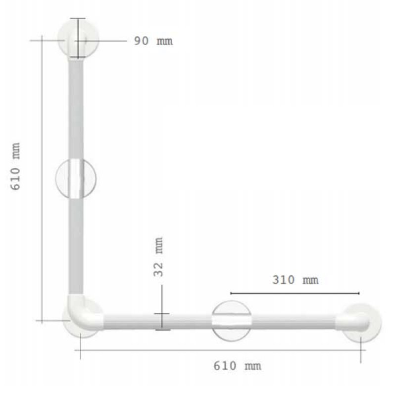 AKW 1900 Series 90 Degree Angled Grab Rail, 610mm Length, White