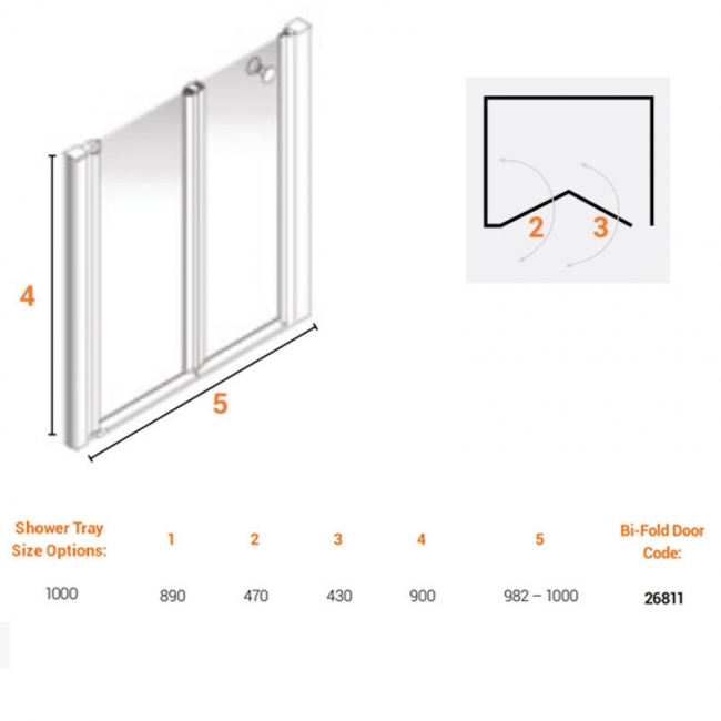 AKW Larenco Alcove Half Height Bi-Fold Shower Door 1000mm Wide - Non Handed