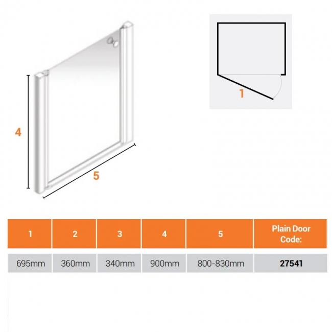 AKW Larenco Alcove Half Height Shower Door 820mm Wide - Non Handed