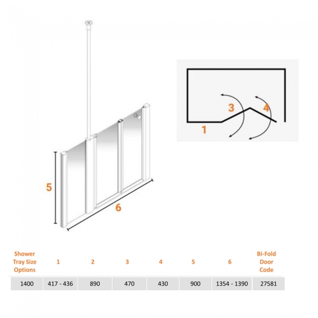 AKW Larenco Alcove Half Height Bi-Fold Extended Shower Door 1400mm Wide - Non Handed