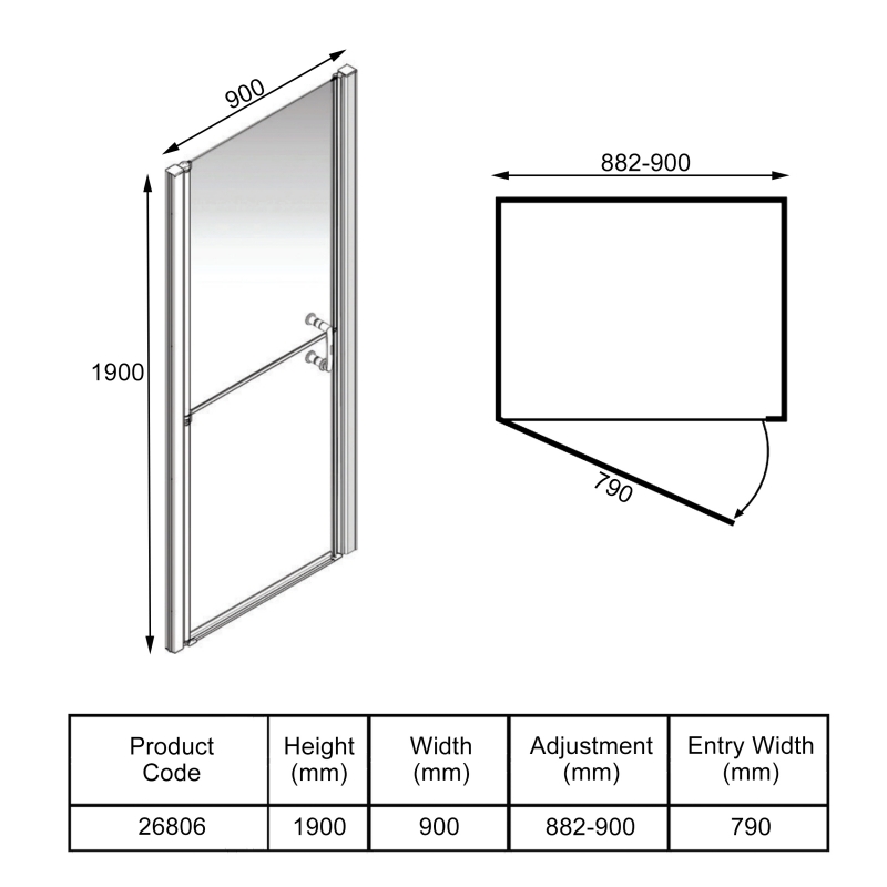 AKW Larenco Duo Hinged Shower Door 900mm Wide - 6mm Glass