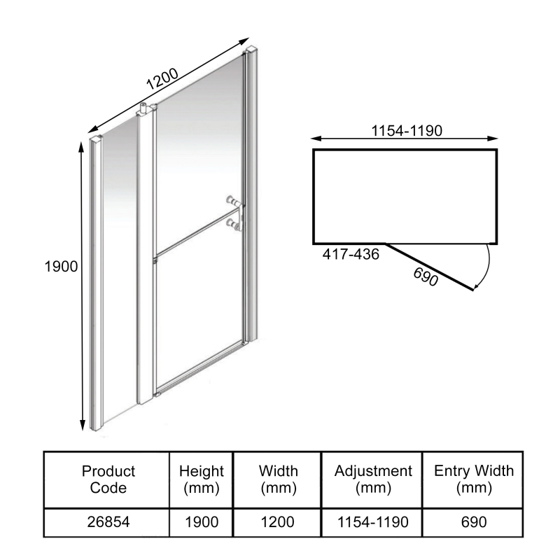 AKW Larenco Duo Inline Hinged Shower Door 1200mm Wide - 6mm Glass