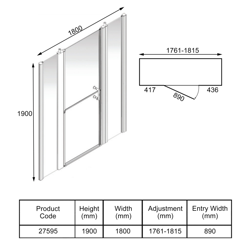 AKW Larenco Duo Dual Inline Hinged Shower Door 1800mm Wide - 6mm Glass
