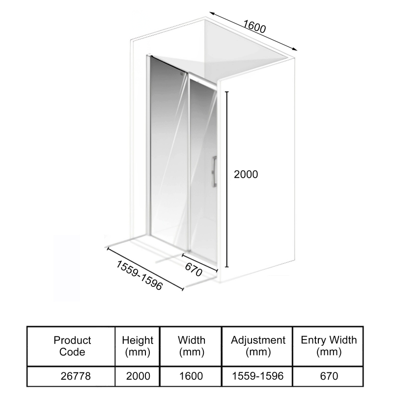 AKW Larenco Sliding Shower Door 1600mm Wide - 6mm Glass