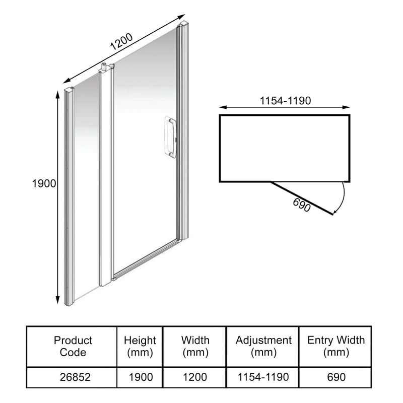 AKW Larenco Inline Hinged Shower Door 1200mm Wide - 6mm Glass
