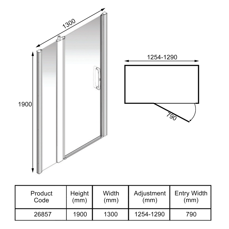AKW Larenco Inline Hinged Shower Door 1300mm Wide - 6mm Glass