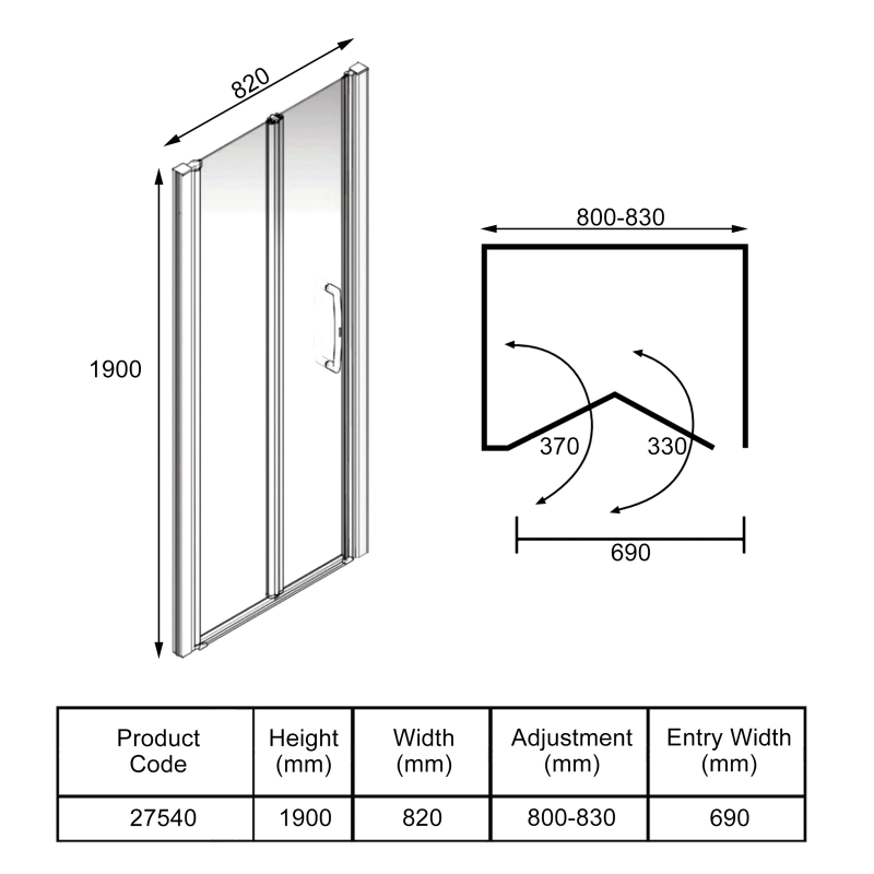 AKW Larenco Hinged Bi-Fold Shower Door 820mm Wide - 6mm Glass