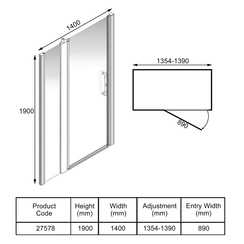 AKW Larenco Inline Hinged Shower Door 1400mm Wide - 6mm Glass