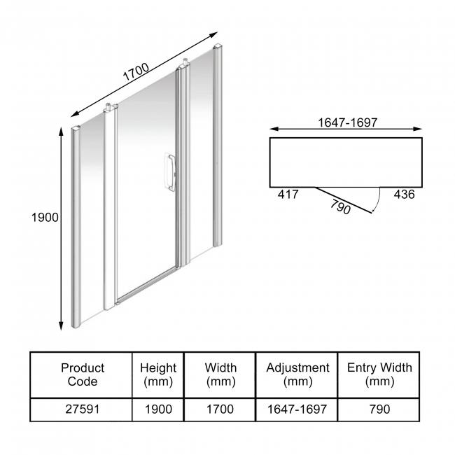 AKW Larenco Dual Inline Hinged Shower Door 1700mm Wide - 6mm Glass