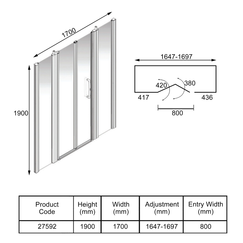 AKW Larenco Dual Inline Hinged Bi-Fold Shower Door 1700mm Wide - 6mm Glass