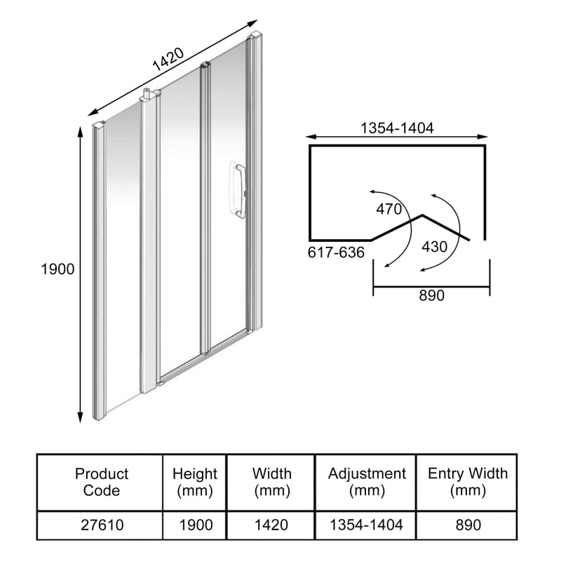 AKW Larenco Inline Hinged Bi-Fold Shower Door 1420mm Wide - 6mm Glass