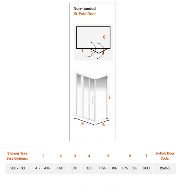 AKW Larenco Inline Hinged Bi-Fold Door Shower Enclosure 1200mm x 700mm - 6mm Glass  | Dimension Image