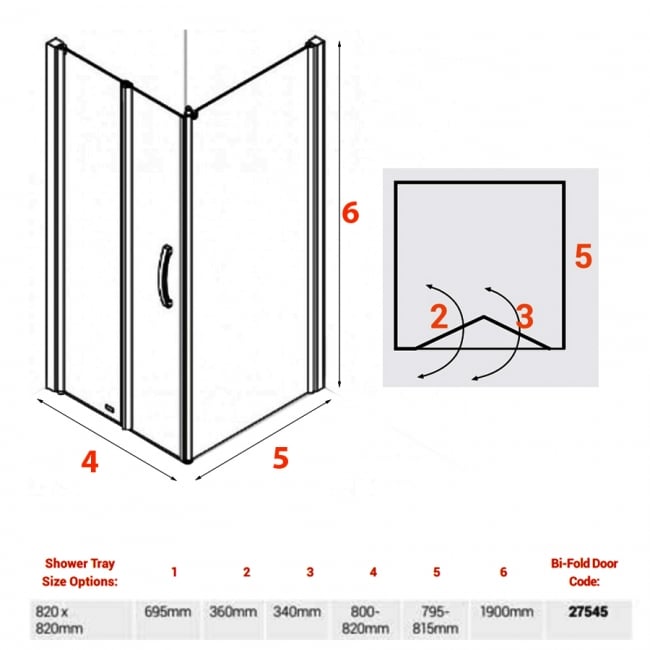 AKW Larenco Hinged Bi-Fold Door Square Shower Enclosure 820mm x 820mm - 6mm Glass  | Dimension Image
