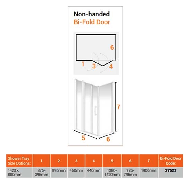 AKW Larenco Inline Hinged Bi-Fold Door Shower Enclosure 1420mm x 800mm - 6mm Glass  | Dimension Image