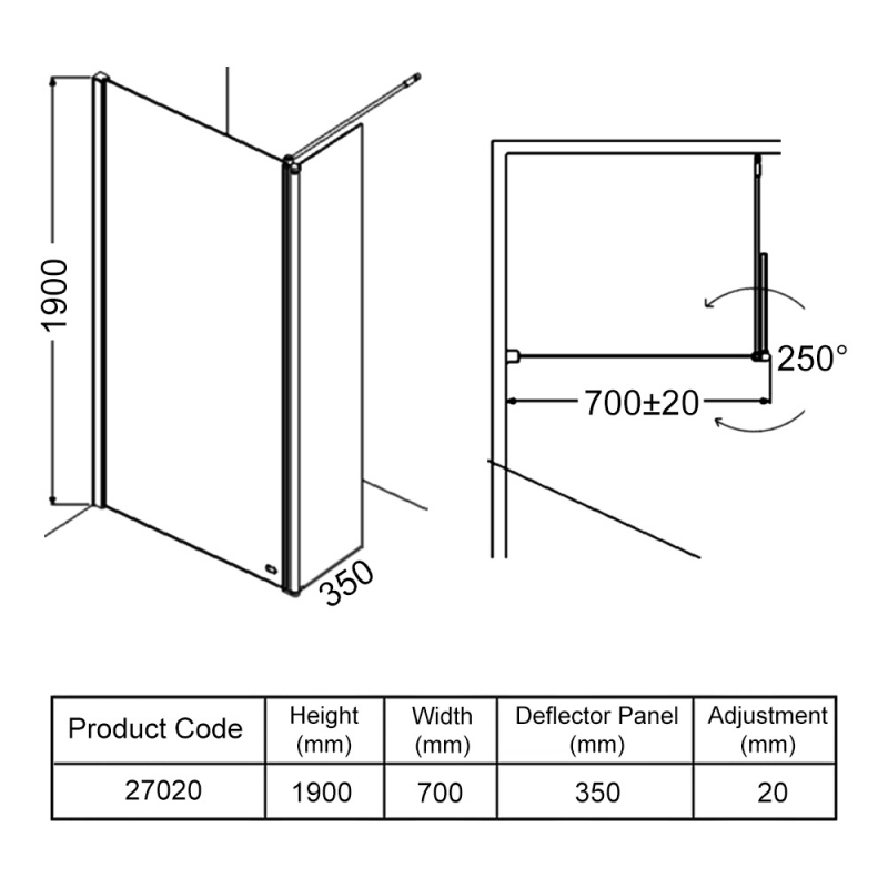 AKW Level Best Wetroom Screen 700mm W with 350mm Deflector Panel