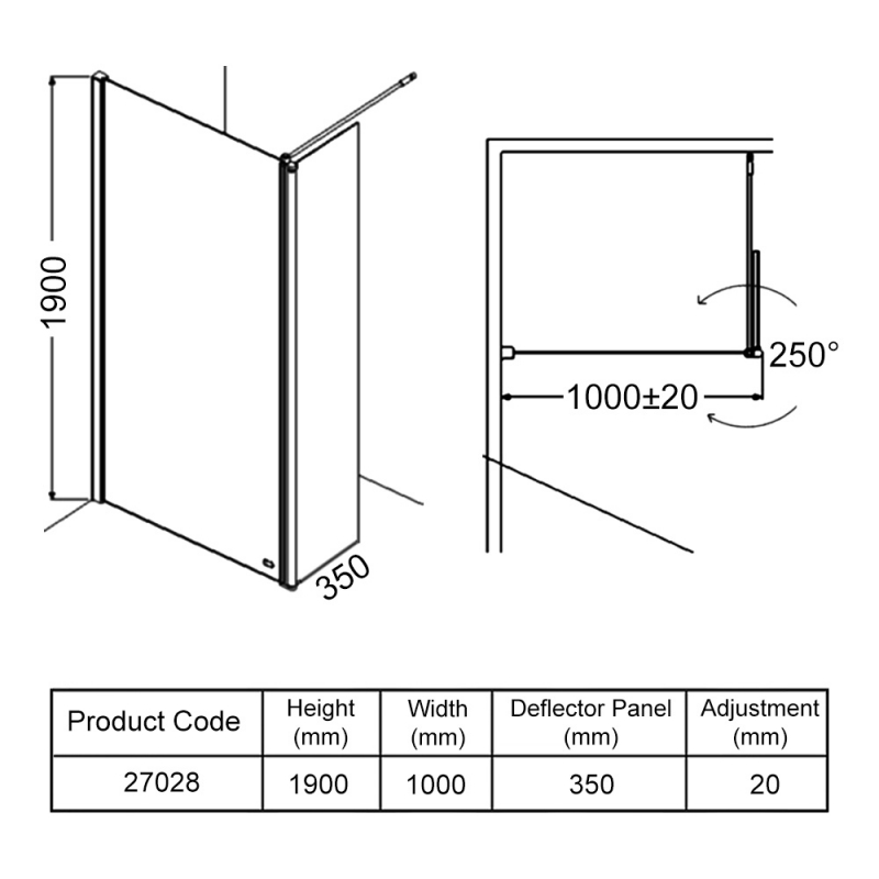 AKW Level Best Wetroom Screen 1000mm W with 350mm Deflector Panel
