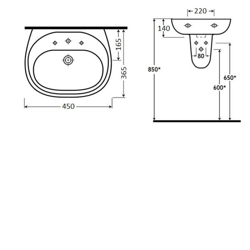 AKW Livenza Basin and Semi Pedestal 450mm Wide - 1 Tap Hole