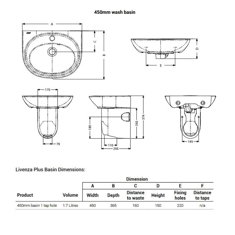 AKW Livenza Plus Basin and Semi Pedestal 450mm Wide - 1 Tap Hole
