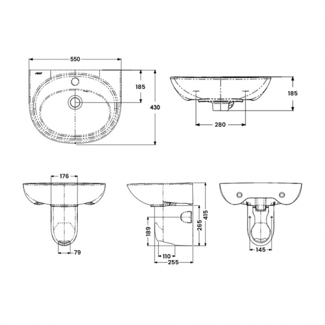 AKW Livenza Plus Basin and Semi Pedestal 550mm Wide - 1 Tap Hole