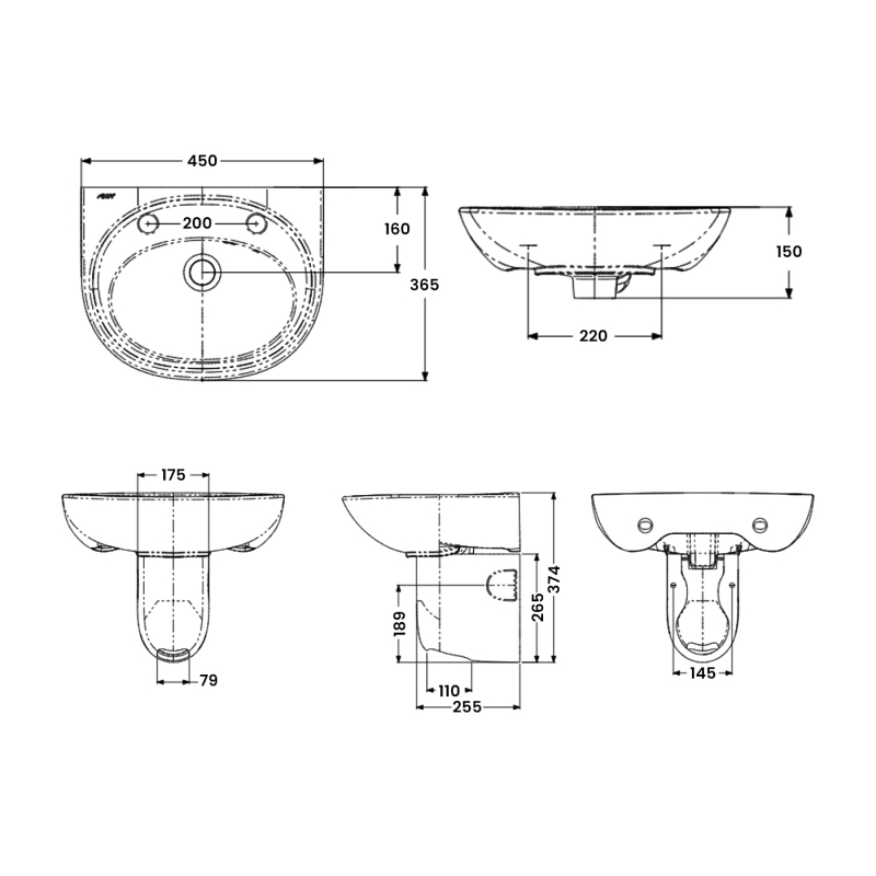 AKW Livenza Plus Basin and Semi Pedestal 450mm Wide - 2 Tap Hole