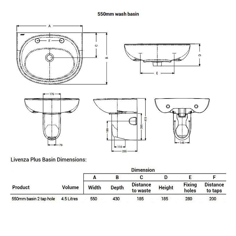 AKW Livenza Plus Basin and Semi Pedestal 550mm Wide - 2 Tap Hole