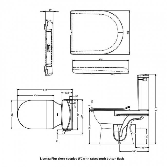 AKW Livenza Plus Close Coupled Toilet with Raised Push Button Cistern - Carbamide Soft Close Seat