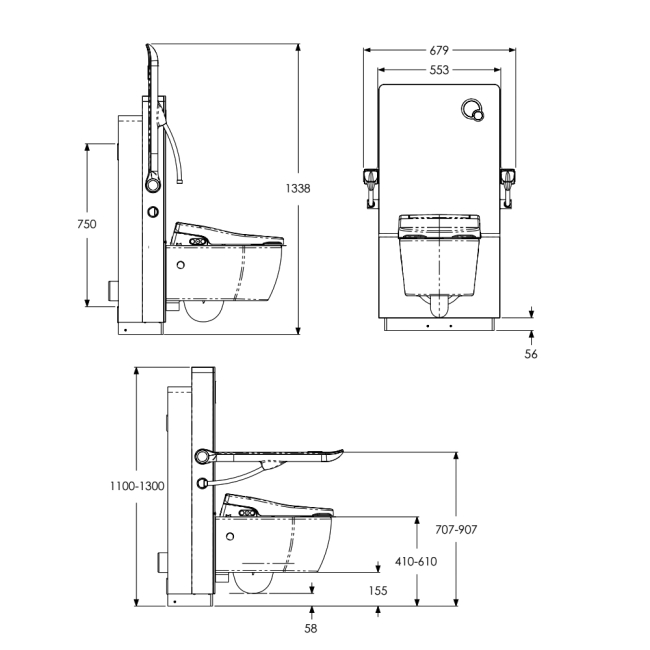 AKW Wall Hung Toilet Pan with Rise and Fall Cistern Unit + Bottom-Entry Bidet Consilio Seat and Lid  | Dimension Image