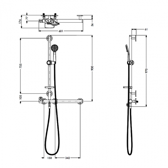 AKW Onyx Thermostatic Bar Mixer Shower with Combo L Shape Grab Rail LH - Chrome