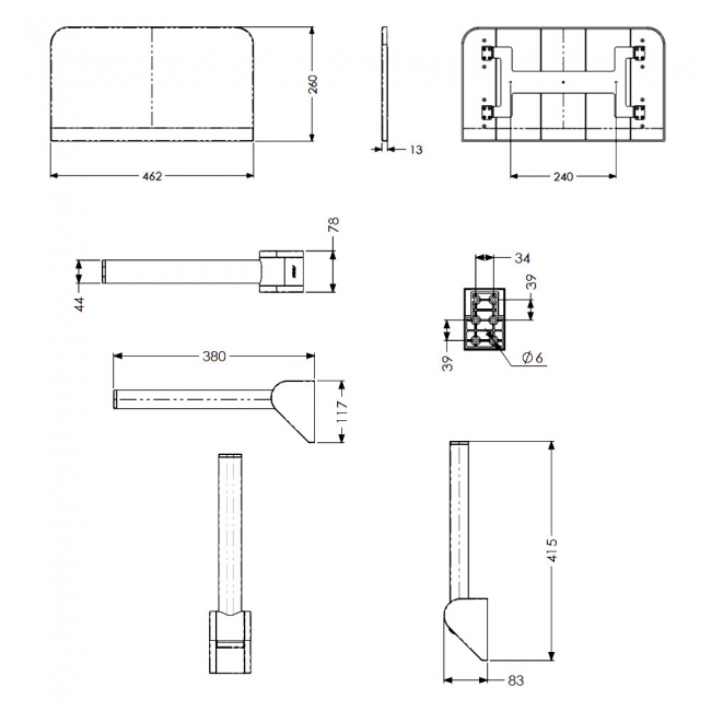 AKW Onyx Compact Shower Seat with Back and Arms - White  | Dimension Image