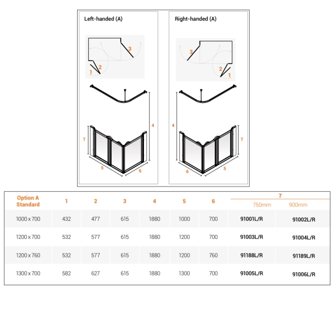 AKW Option A 900 Shower Screen 1200mm x 700mm - Right Handed  | Dimension Image