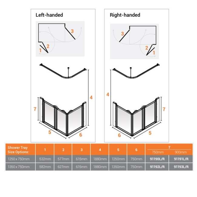 AKW Option A 900 Shower Screen 1250mm x 750mm - Right Handed  | Dimension Image